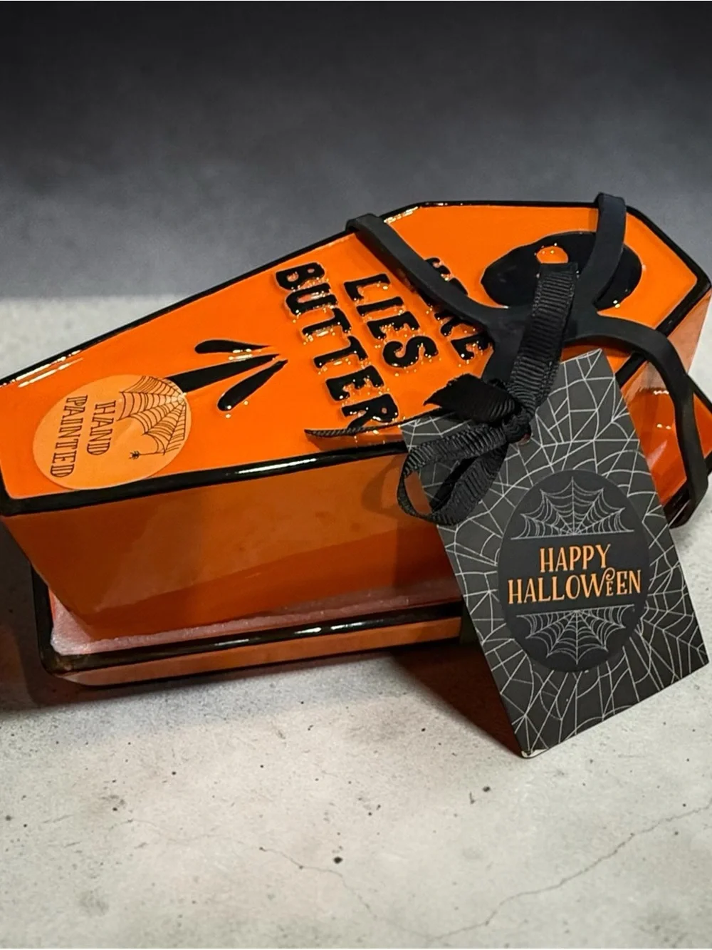 Halloween Coffin butter dish “Here lies butter” - Orange & Black